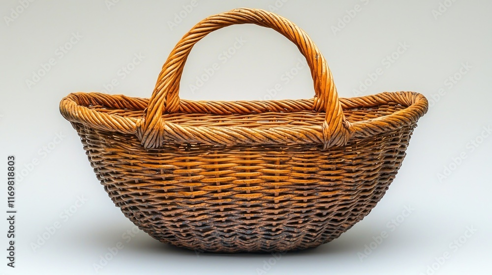Poster a rustic, handcrafted wicker basket with a curved shape and a sturdy handle, isolated on a white bac