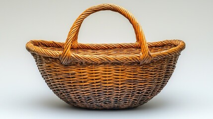 Fototapeta premium A rustic, handcrafted wicker basket with a curved shape and a sturdy handle, isolated on a white background.
