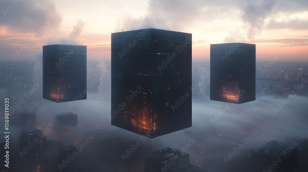 Poster three dark cubic structures hover above a hazy city at sunset.