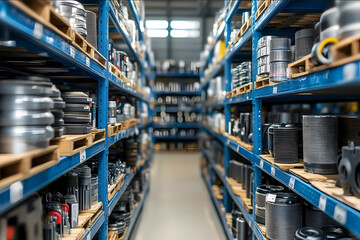 front view of a car dealership warehouse shelf full of organised car parts ranging from oil filters to spark plugs and hoses light blue accents