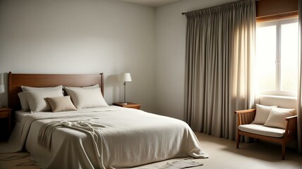 Obraz premium Minimalist Bedroom Design, Cozy Bed and Chair by Window,