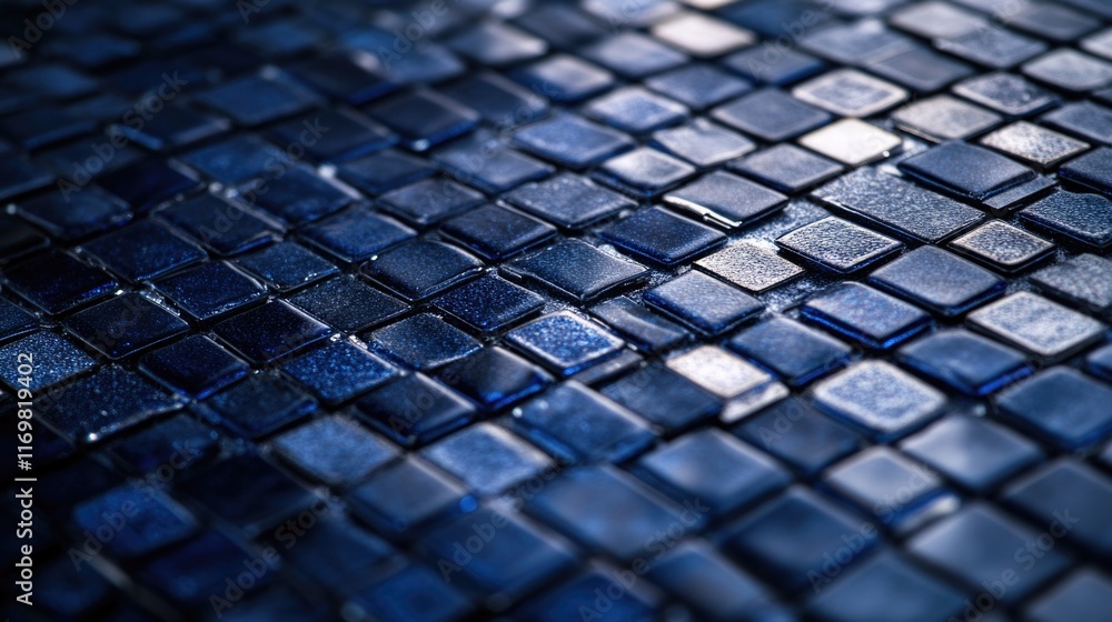 Poster blue tile floor with a shiny, wet look. the tiles are arranged in a pattern, and the overall mood of