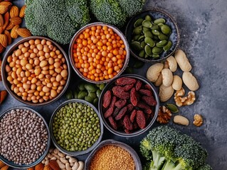 Variety of healthy nuts, seeds and dried vegetables on a dark surface.