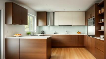 Modern Kitchen Design, Brown Cabinets, White Countertops