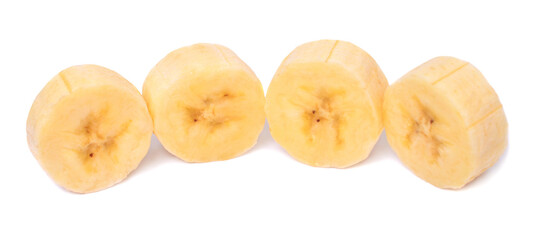 Bananas rings cut isolated on white background. Pieces, tropical fruit. Sliced. Flat lay, top view