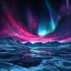 Fototapeta premium Colorful Northern Lights Over Icy Landscape Under Starry Sky