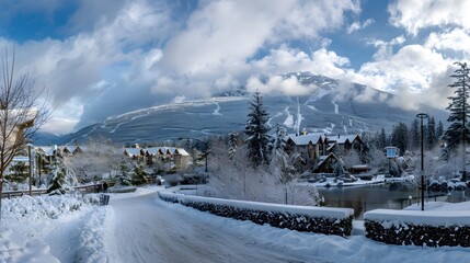 The dramatic snow-covered Alpine peak of Whistler is surrounded by storm clouds in this panorama