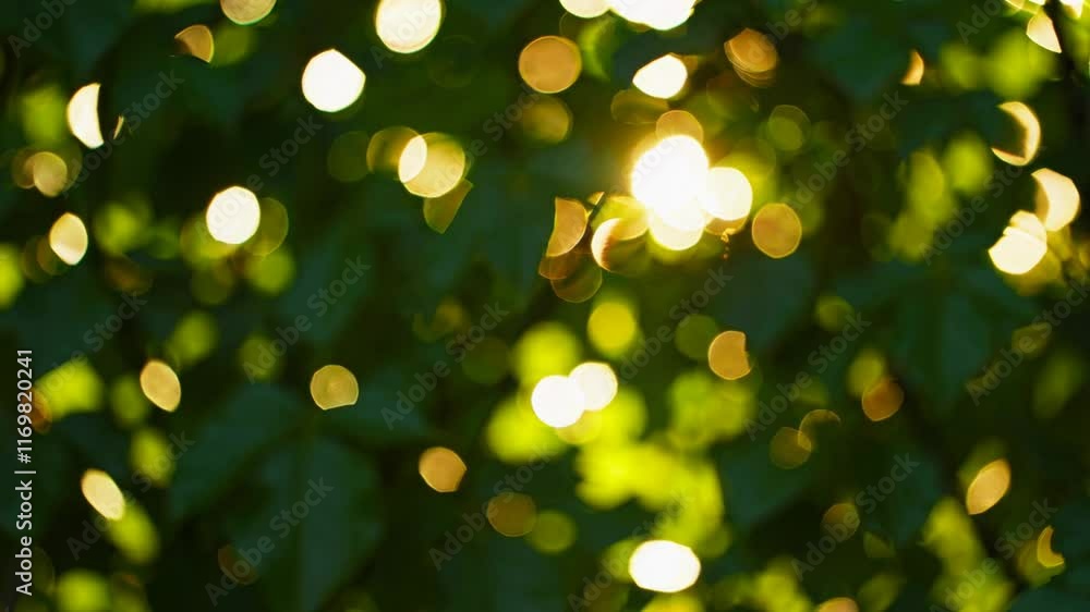 Poster Sunlight filtering through green leaves with bokeh effect