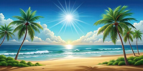 Obraz premium Sunny day at the beach with palm trees and calm ocean waves, illustration style , resort, ocean, resort, ocean, water