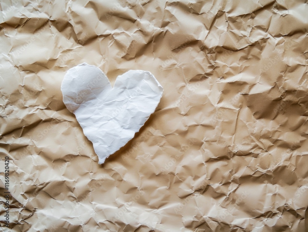 Poster heart made out of paper is on a brown background. the heart is white and he is fragile. concept of v