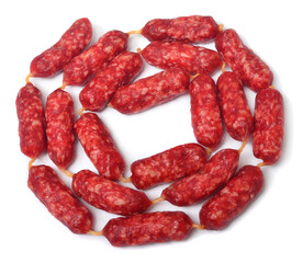 Small dry smoked sausages for beer isolated on white background