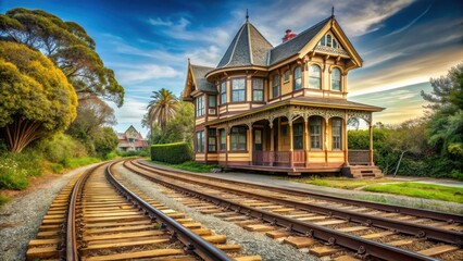 Obraz premium Old Victorian house on a wooden tramway or trolley track, scenery, train, scenery, train, old, antique
