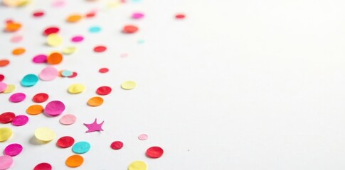 Colorful confetti scattered on a white background, with bold colors and delicate shapes, shimmering, vibrant, holiday