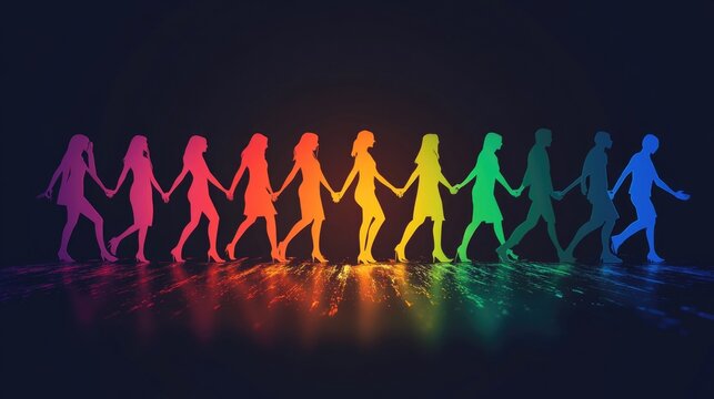 Colorful silhouette of people holding hands in a line, representing unity and diversity at a gay pride event. Vibrant rainbow colors radiating from the center.