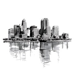 Fototapeta premium Monochromatic Ink Sketch of a City Skyline Reflected in Water.