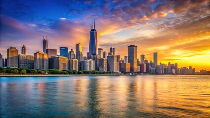 Obraz premium Chicago cityscape with lakefront skyline at sunset, Chicago skyline, cityscape, Chicago skyline