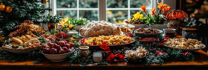 Fototapeta premium Abundant festive food table with various dishes, pastries, fruits, and flowers near a window.
