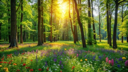 Obraz premium Lush green forest with tall trees and colorful wildflowers swaying in the gentle summer breeze, landscape, forest, landscape