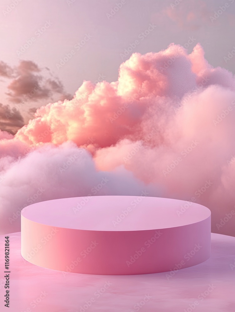 Aufkleber surreal cloudscape with pink sky and floating circular platform, evoking a sense of isolation and ar
