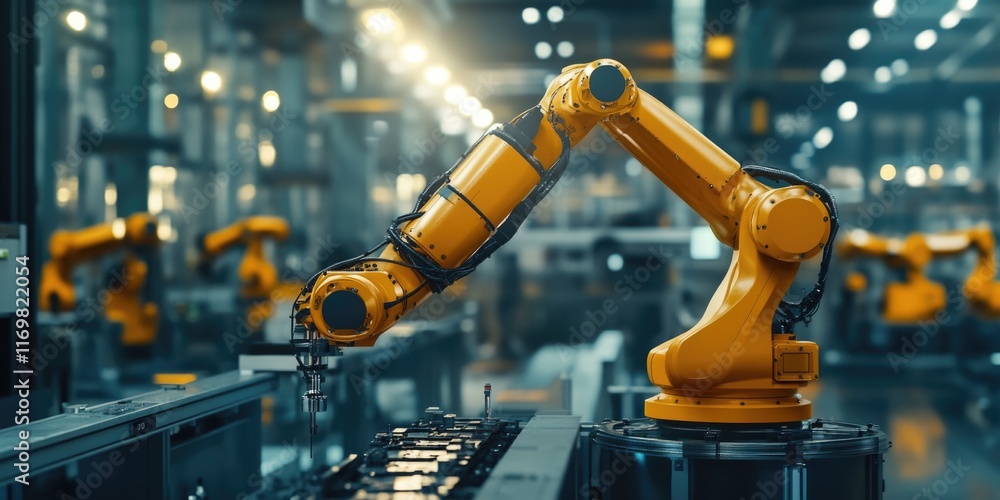 Poster the image depicts a modern robotic manufacturing facility with yellow robots working on assembly lin