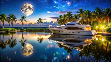 Luxurious yacht docked in a serene canal under the gentle light of the full moon, surrounded by swaying palm trees and tranquil water lilies , palm trees, moonlight