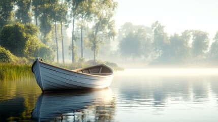 Obraz premium Serene Morning on a Tranquil Lake with a Boat