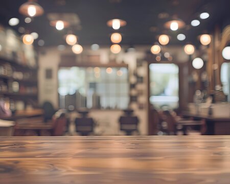 Wooden Table in Blurred Barbershop Interior