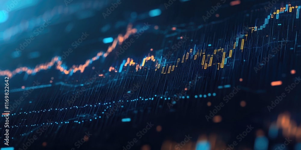 Poster a digital stock market graph with futuristic circuit board-like structures.