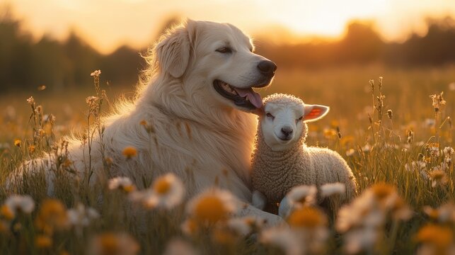 Akbash Dog playing gently with a young lamb in a sunlit meadow