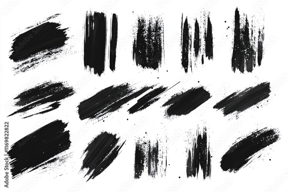 Poster collection of black brush strokes, some of which are long and thin, while others are short and thick