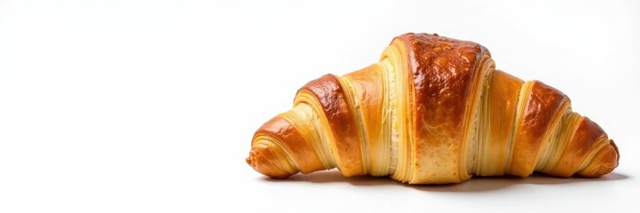 Freshly baked croissant with flaky texture on white background, morning snack, soft buttery, pastry on plate