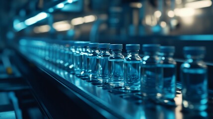 Glass jars on a pharmaceutical and scientific production line. Glass vials of vaccines in an automated pharmaceutical factory.
