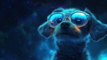 Fototapeta premium Adventurous dog in stylish glasses cosmic background digital art vibrant colors close-up whimsical concept