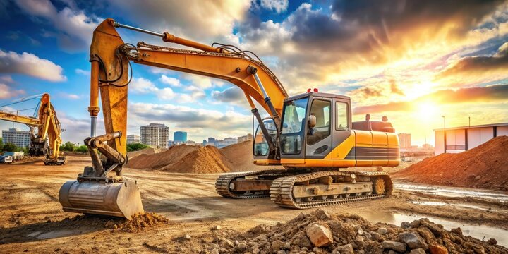 Bagger auf Baustelle mit Raupenbagger und Aushub - Komplexer Aushubsger?t, construction site, heavy industry