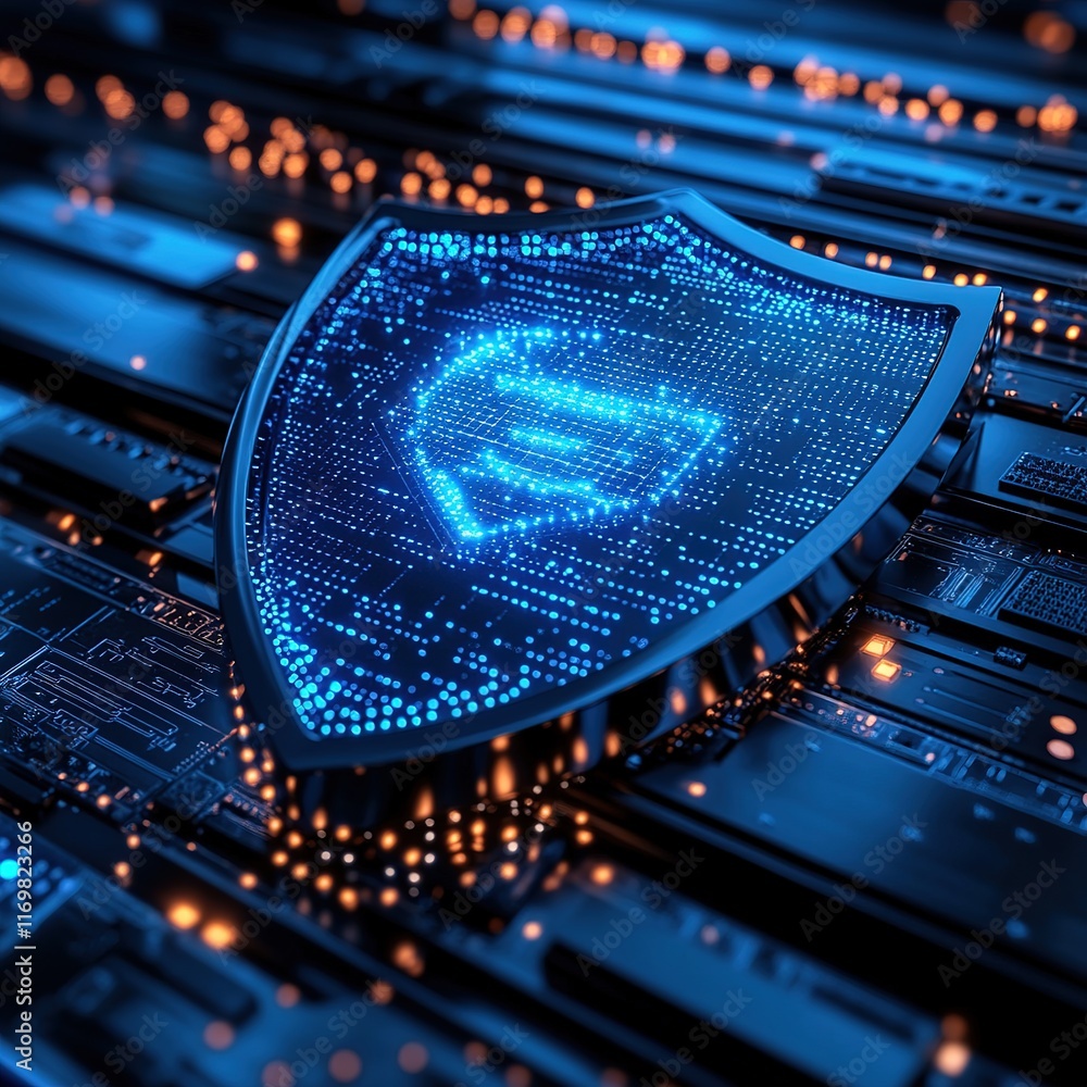 Aufkleber cybersecurity shield protecting data in a digital environment technology focus futuristic perspectiv