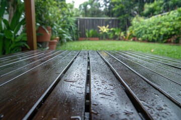 Obraz premium Close up of a wet wooden table top with rain drops, a garden in the background.