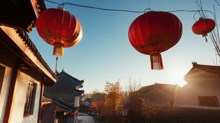 Red Lanterns at Sunrise in Ancient China 