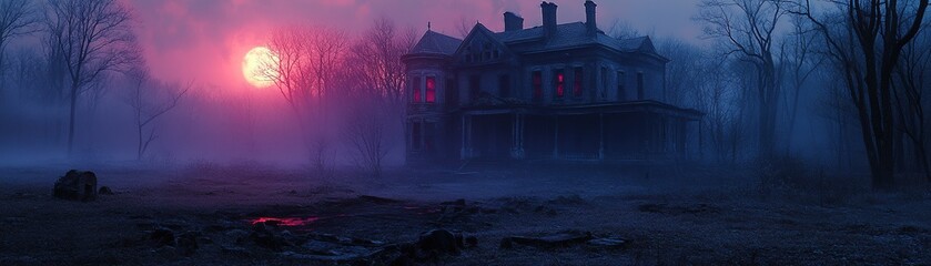 Fototapeta premium Haunting night scene abandoned house digital art foggy environment eerie view surreal concept for seo impact