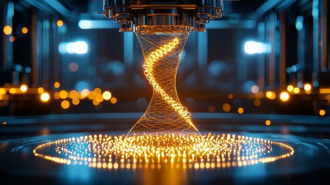 Side view of a 3D printer fabricating a spiral tower design, molten filament glowing against a modern industrial backdrop