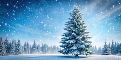Fototapeta premium A tall fir tree stands majestically in a winter wonderland, its branches heavy with thick snowflakes gently falling around it , fir tree, evergreen tree