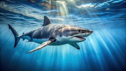 Fototapeta premium A large great white shark gliding effortlessly through the crystal-clear waters of the ocean
