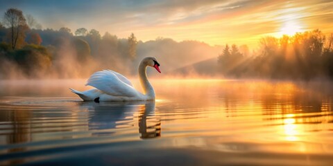 Fototapeta premium Art Swan floating on the water at sunrise with gentle ripples and soft light
