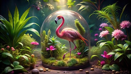 Fototapeta premium Pink flamingo in a sleek glass terrarium surrounded by lush greenery and exotic flowers, with the bird's vibrant feathers glistening under studio lighting, tropical plants, terrarium