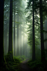 Sunlit Paradisiacal GS Forest: Mystical Dense Greenery Enveloped in Morning Mist