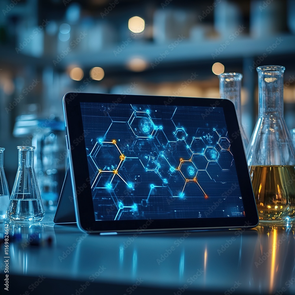 Poster exploring scientific innovations laboratory digital display modern environment close-up view technol