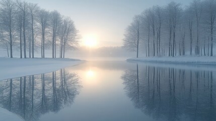 Tranquil winter landscape with frosted trees and serene reflection on a calm river at sunrise