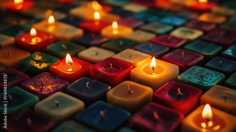 Poster close up of many lit candles in a variety of colors. the candles are arranged in a grid pattern, wit