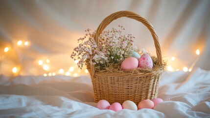 A beautiful wicker basket filled with colorful Easter eggs and flowers, set against a softly illuminated background