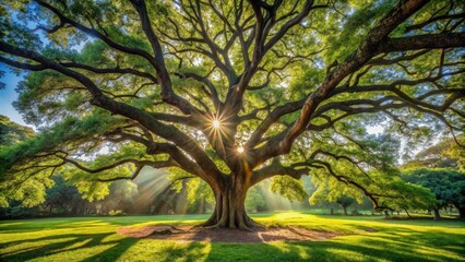 Ancient oak tree standing tall in a serene garden with sunlight filtering through its branches