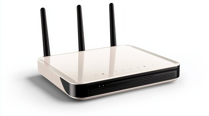 Fototapeta premium Modern wireless router with three antennas, minimalist design, white background, symbolizing fast and reliable connectivity